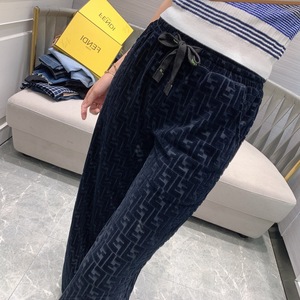 fendi芬迪21早春新款休闲阔腿裤女 直筒宽松天鹅绒压花ff休闲长裤