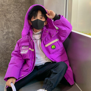 男童紫色羽绒服中长款2021新款小二班童装儿童兄弟装工装外套发光