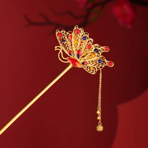 古法金蝴蝶发簪古风高级感黄金发钗999足金发饰流苏女士简约现代