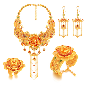 古法金凤凰项链黄金结婚嫁妆五金饰新娘套链足金花朵戒指耳环手镯