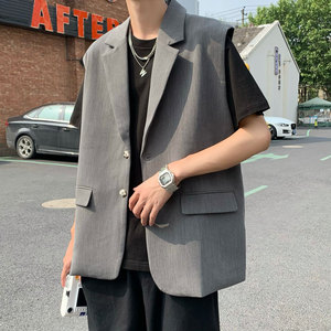 发型师潮牌男装灰色西装马甲男夏季坎肩西服外套无袖马夹克背心潮