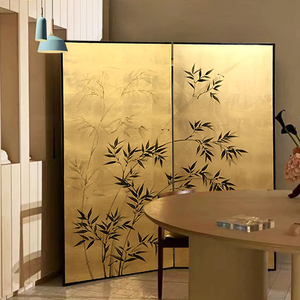 定制日式简约手绘竹子金箔屏风漆画艺术网红设计师款折叠移动隔断