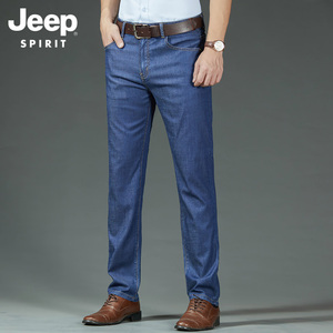 Jeep吉普天丝牛仔裤男士夏季薄款宽松直筒大码弹力中年休闲长裤子