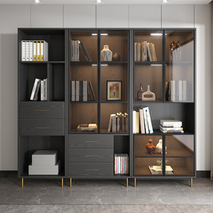 组合书柜一体靠整墙轻奢现代简约意式风高端客厅书房玻璃门收纳柜