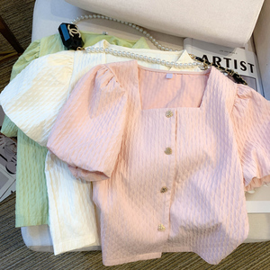 美爆辽~小香风方领泡泡袖粉色雪纺衫上衣女夏季法式甜美衬衫