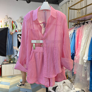 粉色雪纺防晒衬衫女夏薄款设计感小众衬衣短裤两件套长袖上衣外套