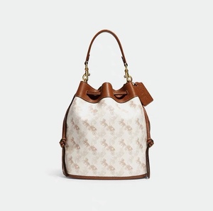 海淘新款coach field马车印花帆布拼色牛皮女士斜挎抽绳水桶包