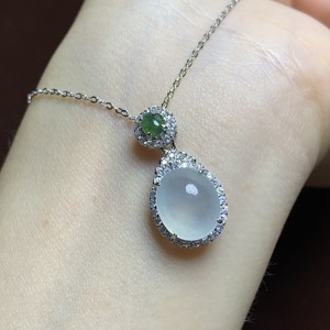 冰种翡翠项链女 天然a货缅甸玉石吊坠 s925银镶嵌蛋面