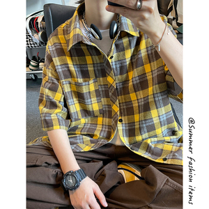 法兰绒黄色格子衬衫男夏季美式复古条纹短袖衬衣oversize七分外套