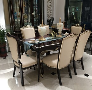 欧式全实木真皮长方形型餐桌椅组合简约新古典轻奢黑檀色餐厅家具