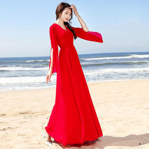波西米亚夏季长裙2020新款修身显瘦雪纺连衣裙海边度假沙滩裙超仙