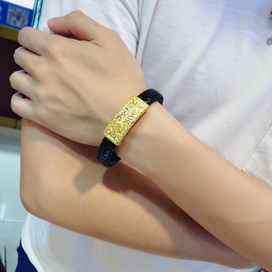 黄金手镯十字架纯金皮绳手串男士手链999足金手环送朋友生日礼物