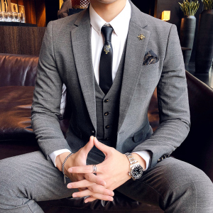 英伦风格子休闲西装套装男士西服三件套韩版修身伴郎新郎结婚礼服