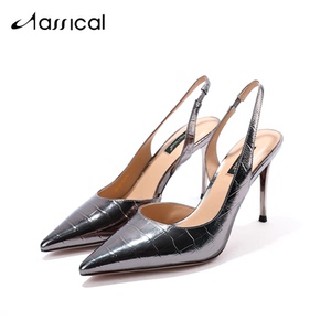 卡斯高商场专柜正品夏季20新款鳄鱼纹牛皮尖头细跟松紧带后空女鞋