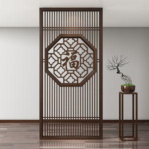 新中式玄关入户门遮挡实木原木福字镂空格栅家用装饰客厅隔断屏风