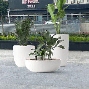 白色户外玻璃钢花盆现代酒店售楼处花缸校园公园广场花箱圆形花钵