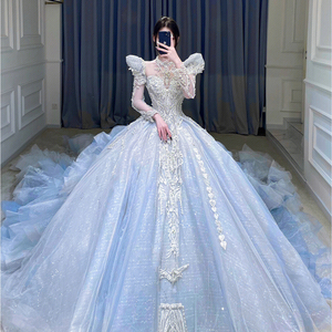 《冰雪女王》长袖婚纱2023新款大拖尾新娘结婚主纱高领复古雾蓝色