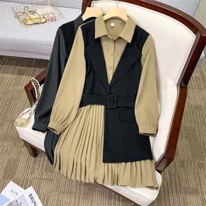 女装胖妹妹2022秋新款收腰显瘦遮肉高级感梨形身材百褶连衣裙艾伊缇