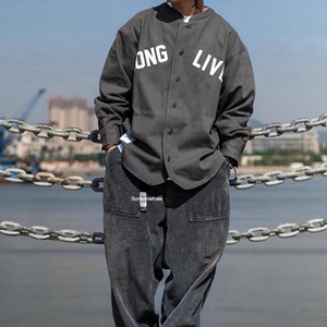 flannel日系长袖棒球衬衫无领 21aw