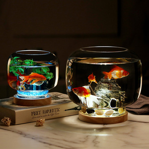创意圆形玻璃热带小鱼缸生态观赏鱼缸桌面灯光假山缸招财风水摆件