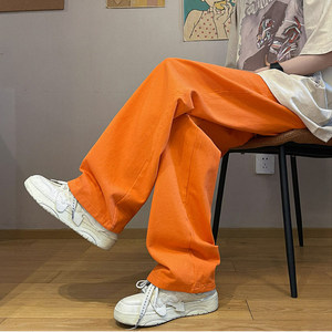 多巴胺穿搭橘橙色裤子男夏季美式潮牌工装裤高级感宽松直筒阔腿裤