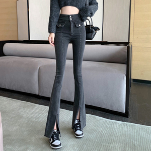 高腰显瘦牛仔裤女秋冬新款时尚百搭紧身微喇裤子韩版开叉阔腿长裤