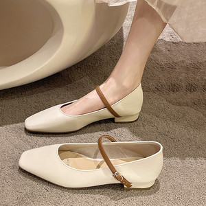 法式显脚小单鞋女2022新款百搭方头低跟配裙子气质复古玛丽珍女鞋