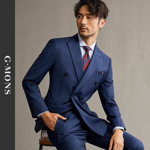 纯羊毛西服套装男蓝色条纹双排扣正装西服高端商务新郎结婚礼服