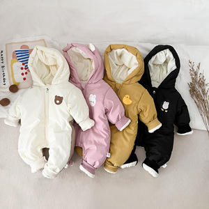 韩版婴儿冬季加绒加厚连体衣男女宝宝卡通动物造型棉服哈衣爬爬服