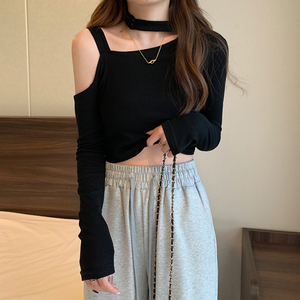 春秋大码洋气百搭短款卡腰小衫胖mm显瘦设计感露肩长袖上衣t恤女