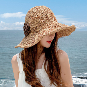 草帽女夏季沙滩帽子花朵可折叠防晒大檐海边时尚度假太阳帽遮阳帽