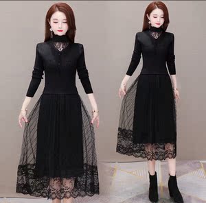 抖音袖恩女装针织长袖连衣裙女2020秋冬新款气质修身假两件毛衣