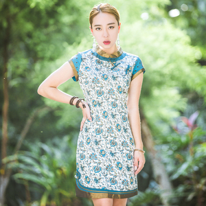 00红裳女装淘宝红裳民族特色服饰连衣裙时尚复古斜襟花色假两件旗袍