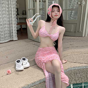 女粉色长裙式游泳衣小胸三点式性感泳装温泉韩版带胸垫比基尼