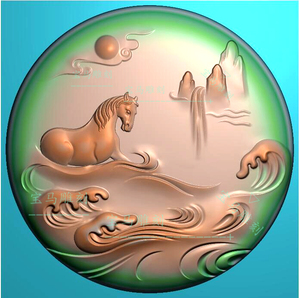 马精雕图山水十二生肖马圆牌挂件玉雕图动物一马当先浮雕jdp灰度