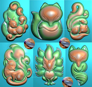 九尾狐精雕图狐狸挂件随形 动物卡通玉雕图椭圆浮雕jdp