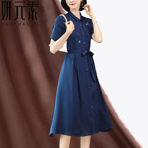 杭州重磅真丝短袖连衣裙女2024夏季重工刺绣桑蚕丝洋气系带长裙女