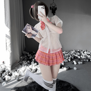 jk制服套装格裙学院风短袖百褶裙女学生水手服免脱透明清纯性感