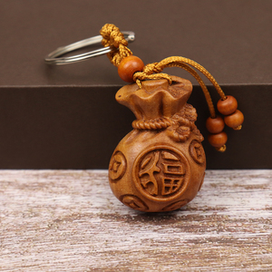 木雕福袋财袋钥匙扣吊坠木质铜钱袋子钥匙圈挂件工艺品礼品饰品