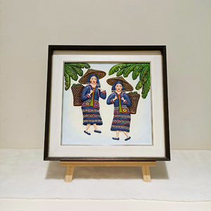 海南黎族风情手工彩雕画框摆件背篓黎妹家居艺术装饰画伴手礼