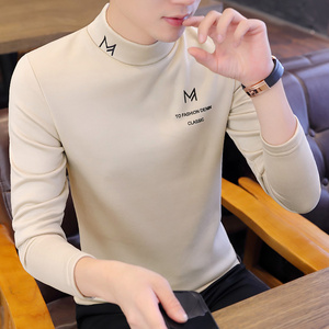男士长袖t恤秋季新款2024韩版修身半高领卫衣男装帅气个性打底衫