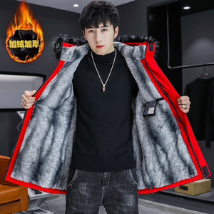 冬季加绒外套男士2024新款潮流韩版青少年风衣中长款加厚棉服冬装