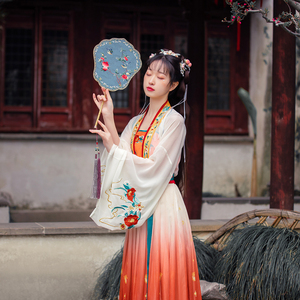 黛烟原创汉服女魏晋风超仙改良日常对襟上衣襦裙渐变日常三件套夏