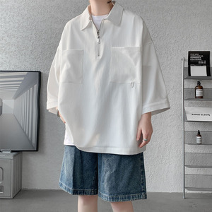 美式半拉链Polo衫男夏季潮牌大口袋七分袖T恤纯白色oversize短袖