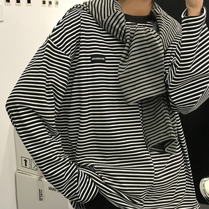 美式复古t恤男春秋不对称长袖叠穿内搭oversize上衣黑白条纹卫衣