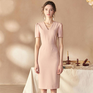 maxmara女装夏季新款简约v领泡泡袖气质粉色收腰包臀连衣裙中长裙