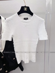 现货chanel香奈儿2022ss春夏新款白色双c字母logo圆领针织短袖t恤