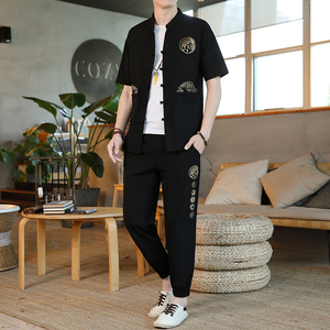 夏季新中式男士唐装汉服中国风高端年轻套装短袖长裤两件套中老年