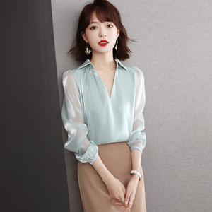 女衬衣2022透视春夏季新品v领衬衫女长袖女士衬衣丝滑雪纺纱上衣