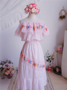 售出分享｜泰国vintage古着粉色墨西哥纯手工刺绣一字肩连衣裙